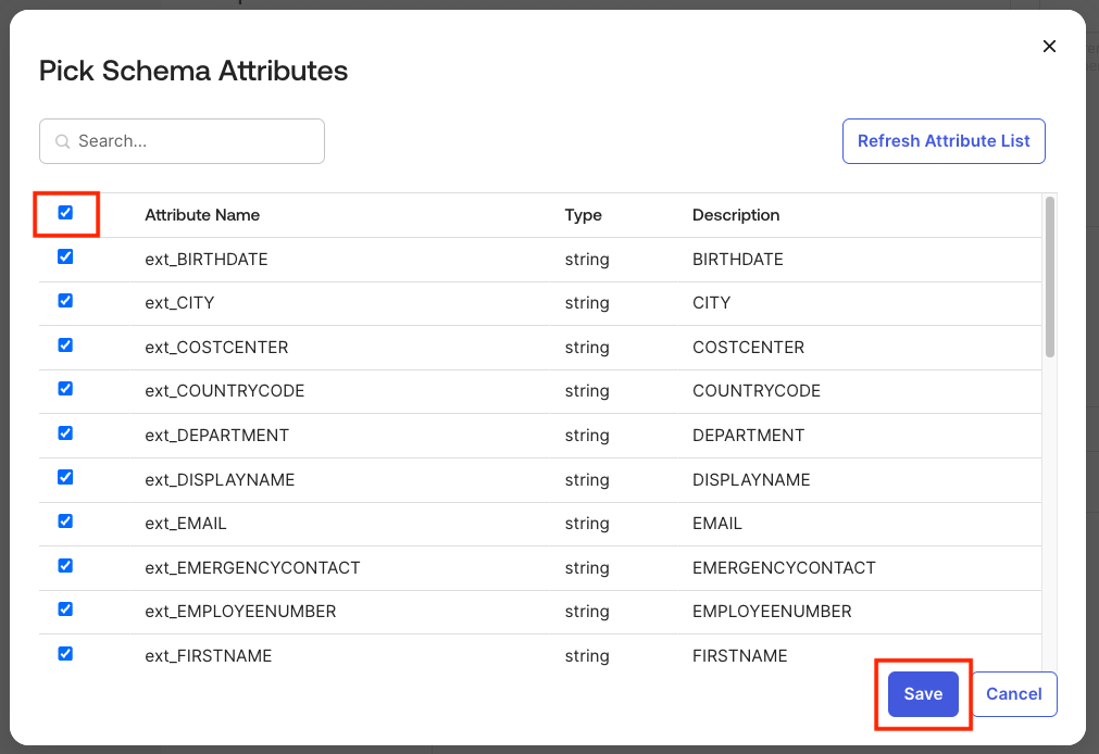 Select and import database attributes into application user profile