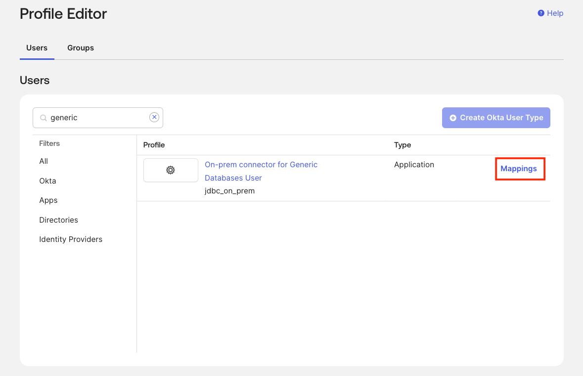 Select Generic Database Connector User profile in Okta Profile Editor
