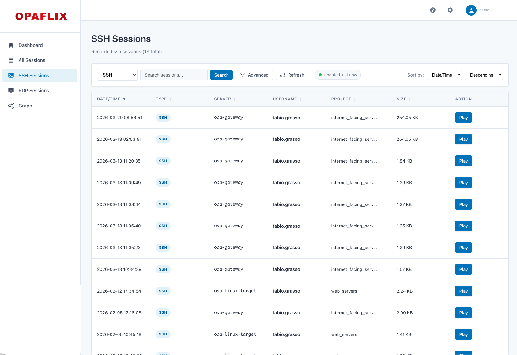Opaflix Sessions List