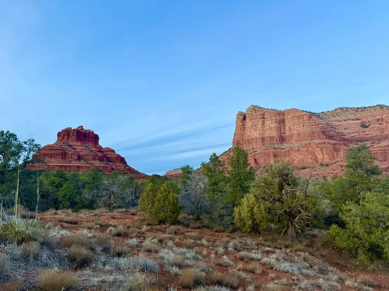 Bell Rock al tramonto con vegetazione desertica dell'Arizona in primo piano
